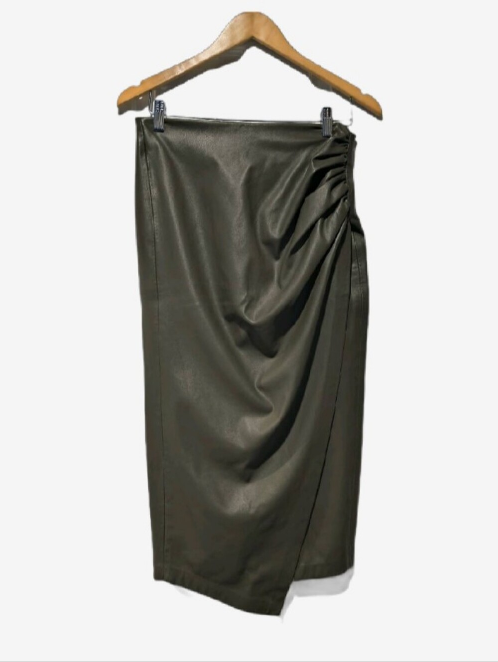 Jason Wu Collective Olive Green Faux Leather Ruched Wrap Midi Skirt - Size 6